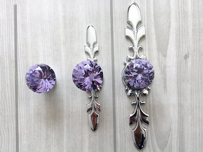 Purple Glass Drawer Knobs with Backplate, Lila Crystal Cabinet Hardware