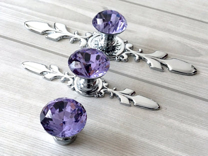 Purple Glass Drawer Knobs with Backplate, Lila Crystal Cabinet Hardware
