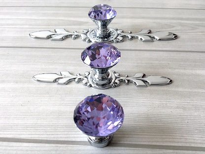Purple Glass Drawer Knobs with Backplate, Lila Crystal Cabinet Hardware