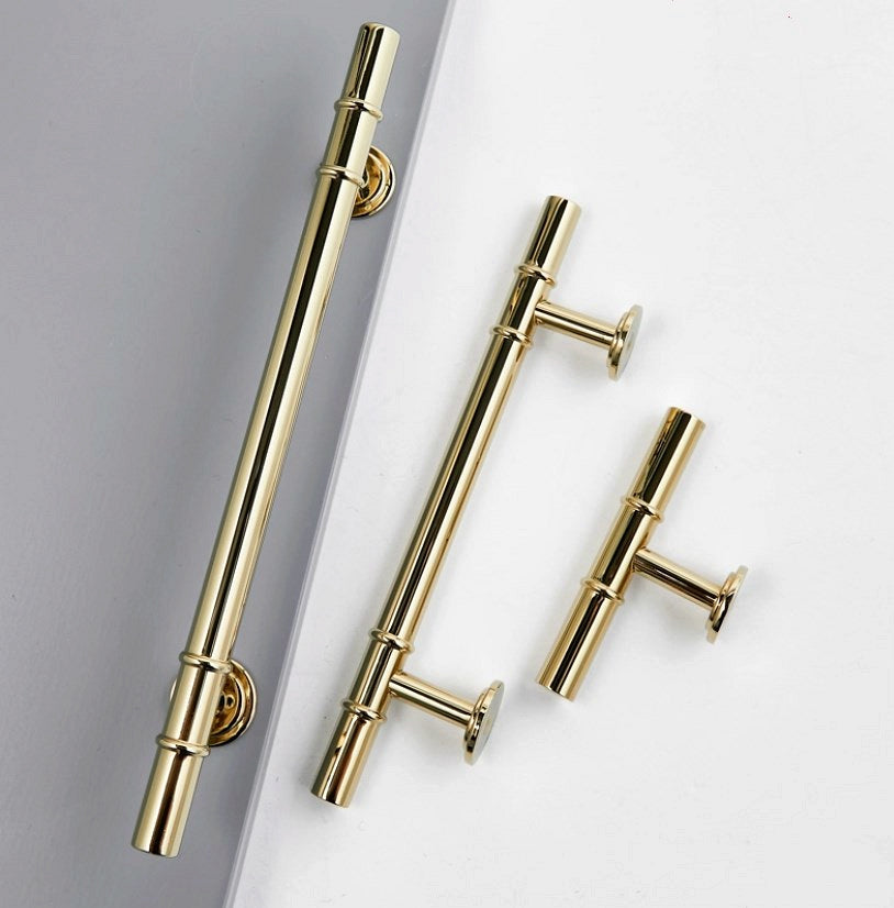 3.75" 5" Polished Gold Brass Cabinet Bar Handle, T Shaped Drawer Knob, Scandi Vanity Pull