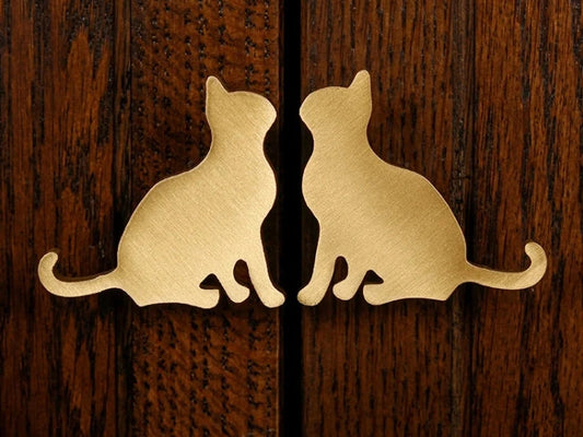 Pair of Cat Drawer Knobs Brushed Brass Left Right