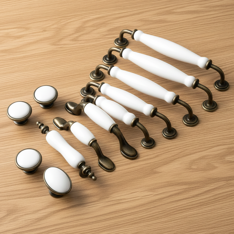 White Ceramic w. Antique Bronze Drawer Pull - Elegant Cabinet Handle