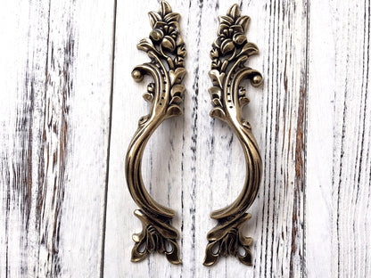 Antique Bronze Cabinet Door Handle, Leafy Drawer Pulls, French Provincial Vertical Hardware