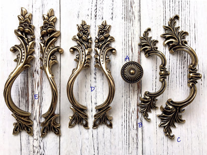 Antique Bronze Cabinet Door Handle, Leafy Drawer Pulls, French Provincial Vertical Hardware