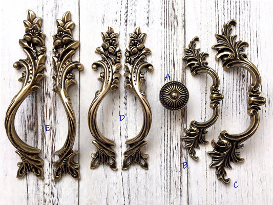 Antique Bronze Cabinet Door Handle, Leafy Drawer Pulls, French Provincial Vertical Hardware