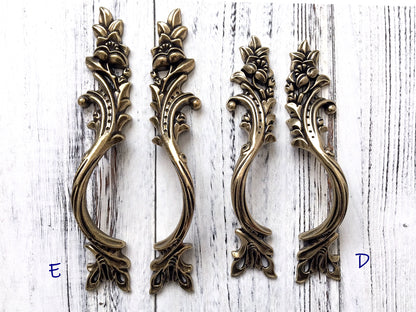 Antique Bronze Cabinet Door Handle, Leafy Drawer Pulls, French Provincial Vertical Hardware