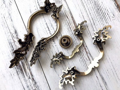 Antique Bronze Cabinet Door Handle, Leafy Drawer Pulls, French Provincial Vertical Hardware