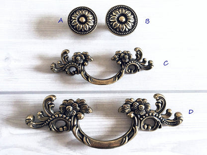 French Provincial Floral Leafy Knobs & Drawer Pulls, Antique Bronze, 1.75" 2.5" C-C