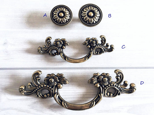 French Provincial Floral Leafy Knobs & Drawer Pulls, Antique Bronze, 1.75" 2.5" C-C