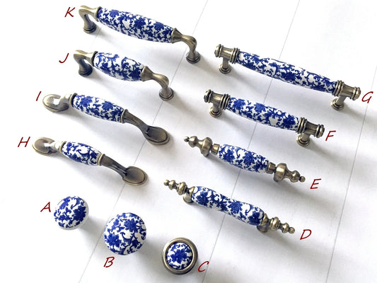 Poignées de tiroir en porcelaine bleu blanc, poignées de cuisine orientales, boutons chinoiserie