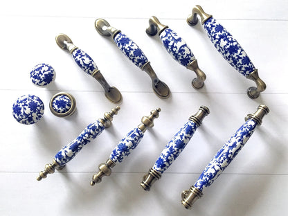 Poignées de tiroir en porcelaine bleu blanc, poignées de cuisine orientales, boutons chinoiserie