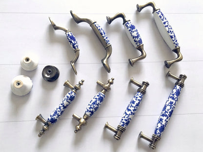 Poignées de tiroir en porcelaine bleu blanc, poignées de cuisine orientales, boutons chinoiserie