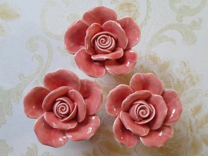 Pink Rose Drawer Pulls, Flower Knobs, Floral Kitchen Cabinet Hardware, Handmade