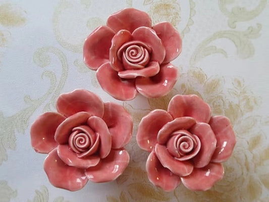 Pink Rose Drawer Pulls, Flower Knobs, Floral Kitchen Cabinet Hardware, Handmade