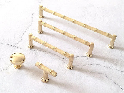 Set of gold cabinet bamboo handles with 3-3/4, 5 and 7 1/2 inch hole spacing