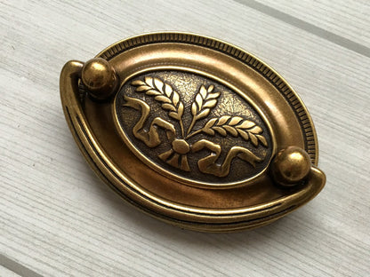 2.5" Centers Oval Plate Drawer Pull - Antique Gold Brass - LynnsHardware