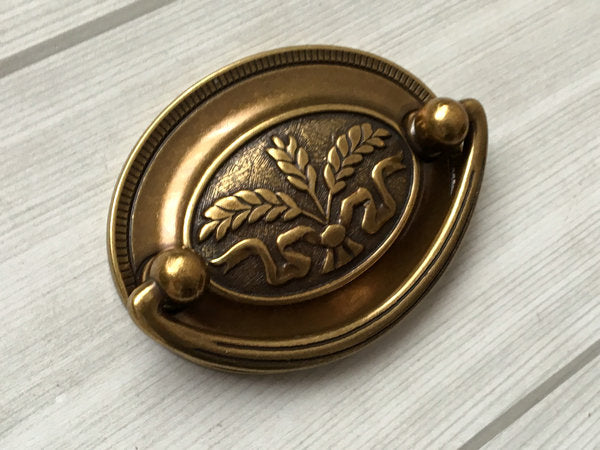 2.5" Centers Oval Plate Drawer Pull - Antique Gold Brass - LynnsHardware