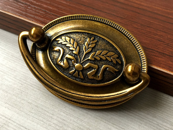 2.5" Centers Oval Plate Drawer Pull - Antique Gold Brass - LynnsHardware