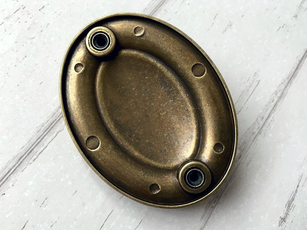 2.5" Centers Oval Plate Drawer Pull - Antique Gold Brass - LynnsHardware