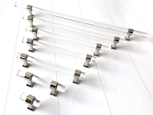 Acrylic Drawer Handles, Lucite Cabinet Pulls, Polished Chrome Silver, Minimalism Hardware