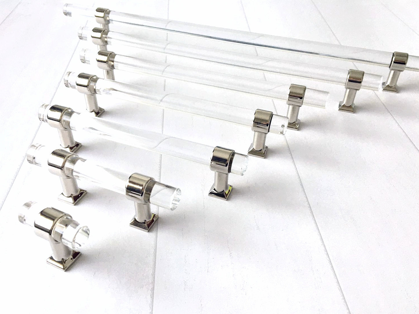 Acrylic Drawer Handles, Lucite Cabinet Pulls, Polished Chrome Silver, Minimalism Hardware