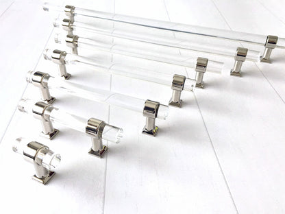Acrylic Drawer Handles, Lucite Cabinet Pulls, Polished Chrome Silver, Minimalism Hardware