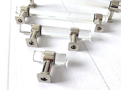 Acrylic Drawer Handles, Lucite Cabinet Pulls, Polished Chrome Silver, Minimalism Hardware