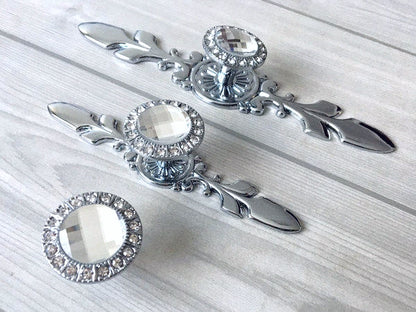 Glass Drawer Knobs with Backplate, Crystal Cabinet Hardware, Sparkle Clear Diamond