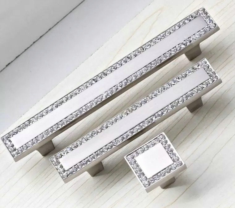 2.5" 3.75" Silver Crystal Drawer Pulls - Rhinestone Cabinet Knobs