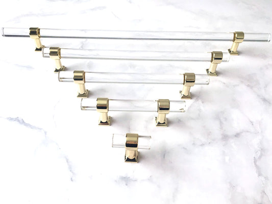 Acrylic Drawer Handles, Lucite Cabinet Pulls, Polished Gold Clear, Kitchen Hardware