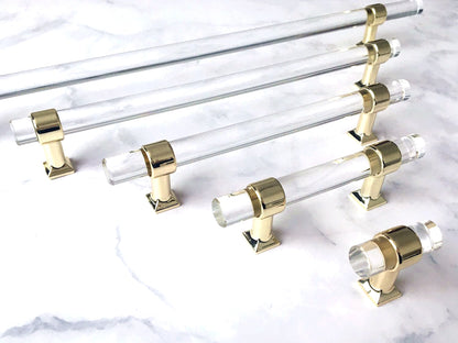 Acrylic Drawer Handles, Lucite Cabinet Pulls, Polished Gold Clear, Kitchen Hardware