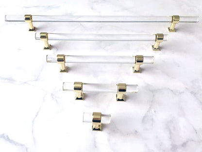 Acrylic Drawer Handles, Lucite Cabinet Pulls, Polished Gold Clear, Kitchen Hardware