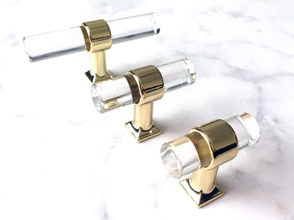 Acrylic Drawer Handles, Lucite Cabinet Pulls, Polished Gold Clear, Kitchen Hardware