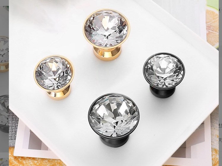 Crystal Glass Diamond Cut Drawer Pulls - Gold/Matte Black