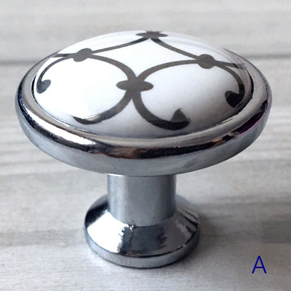 Porcelain Cabinet Pulls & Knobs, White Silver, Kitchen Hardware