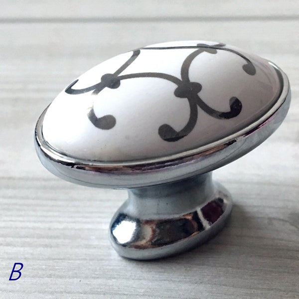 Porcelain Cabinet Pulls & Knobs, White Silver, Kitchen Hardware