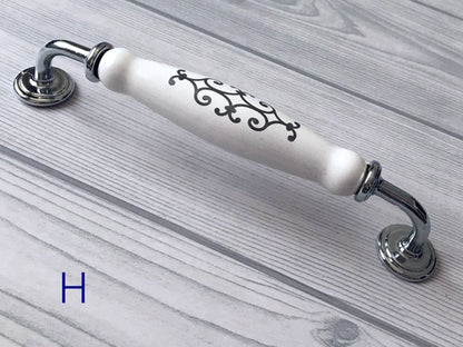 Porcelain Cabinet Pulls & Knobs, White Silver, Kitchen Hardware