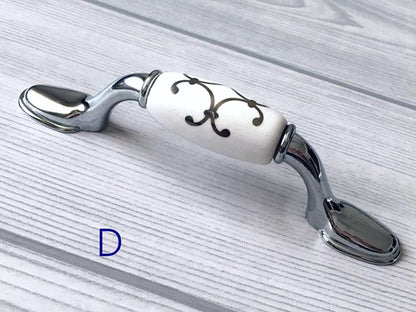 Porcelain Cabinet Pulls & Knobs, White Silver, Kitchen Hardware