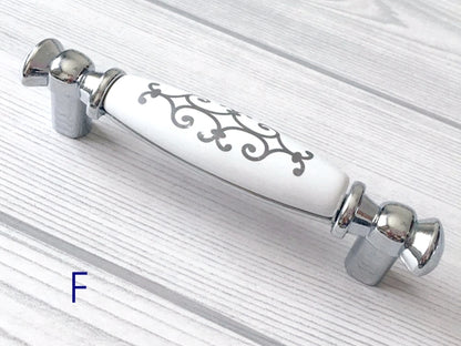 Porcelain Cabinet Pulls & Knobs, White Silver, Kitchen Hardware