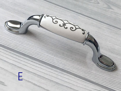 Porcelain Cabinet Pulls & Knobs, White Silver, Kitchen Hardware