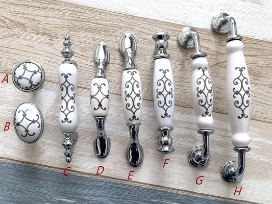 Porcelain Cabinet Pulls & Knobs, White Silver, Kitchen Hardware