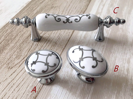 Porcelain Cabinet Pulls & Knobs, White Silver, Kitchen Hardware