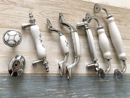 Porcelain Cabinet Pulls & Knobs, White Silver, Kitchen Hardware