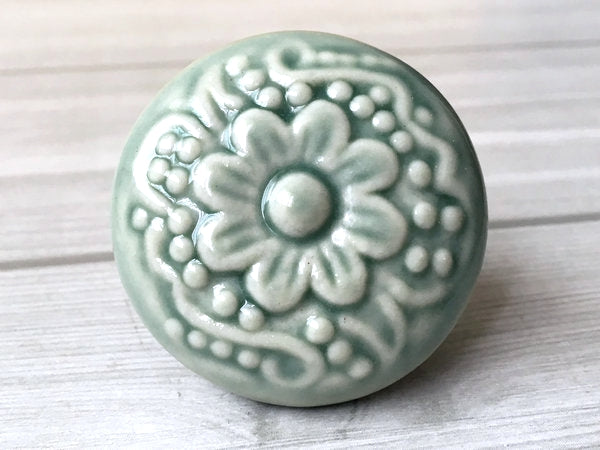 1.75" Dia Colorful Ceramic Cabinet Knob, Boho Drawer Pull, Beige Blue Brown Green Gray