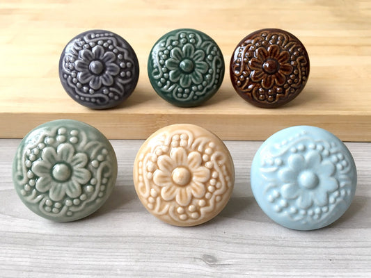 1.75" Dia Colorful Ceramic Cabinet Knob, Boho Drawer Pull, Beige Blue Brown Green Gray