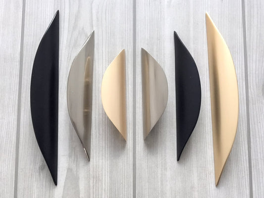 Finger Drawer Pulls, Cabinet Handles, Gold Nickel Black, Mid Century, 32 64 96 mm Holes