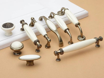 3.75" 5" Cream Porcelain & Antique Bronze Cabinet Pull Handles
