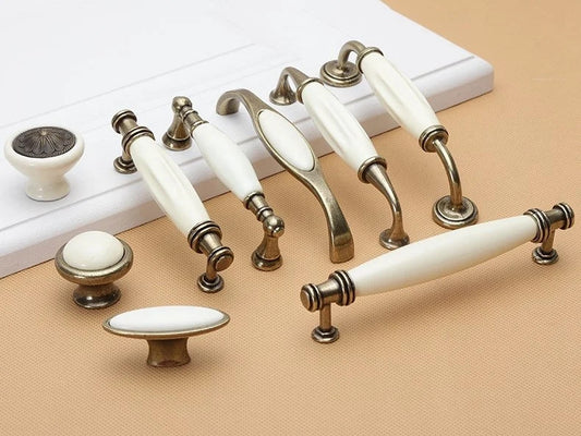 3.75" 5" Cream Porcelain & Antique Bronze Cabinet Pull Handles