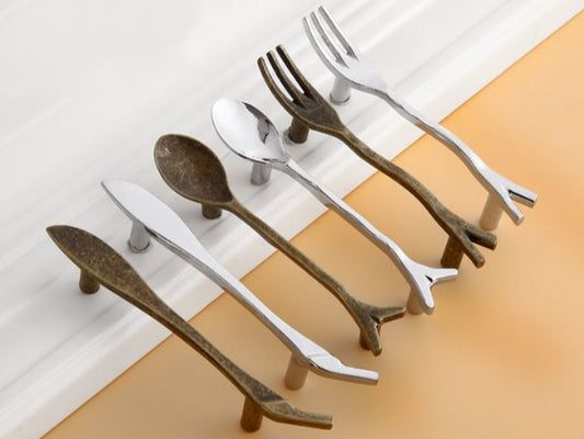 3" Cutlery Kitchen Cabinet Door Handle, Spoon Fork Knife, Antique Bronze Silver