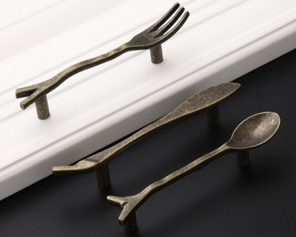 3" Cutlery Kitchen Cabinet Door Handle, Spoon Fork Knife, Antique Bronze Silver